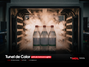 Túnel de calor de MDL Plásticos y Empaques aplicando película termoencogible a botellas